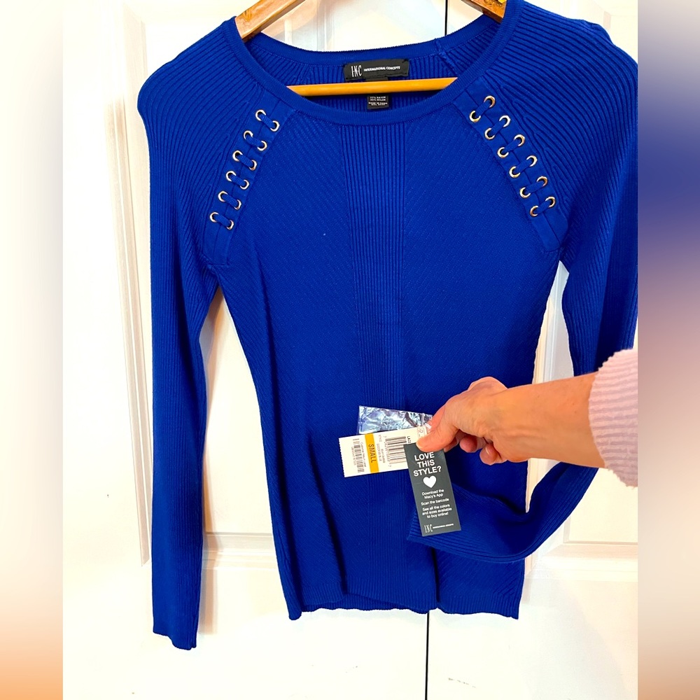 INC royal blue sweater with gold rings detail. Rayon and nylon. New with tags.